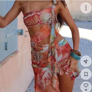 Colourful Print Bodycon Dress with Ring & Tassel Detail